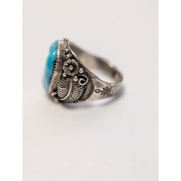 Vintage Turquoise Ring Intricate Silver Leaf Design Southwestern Statement - Picture 2 of 14